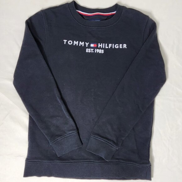 Tommy Hilfiger Kids Sweatshirt L 12-14 Black Crewneck Logo Pullover Cotton Blend - Picture 1 of 8
